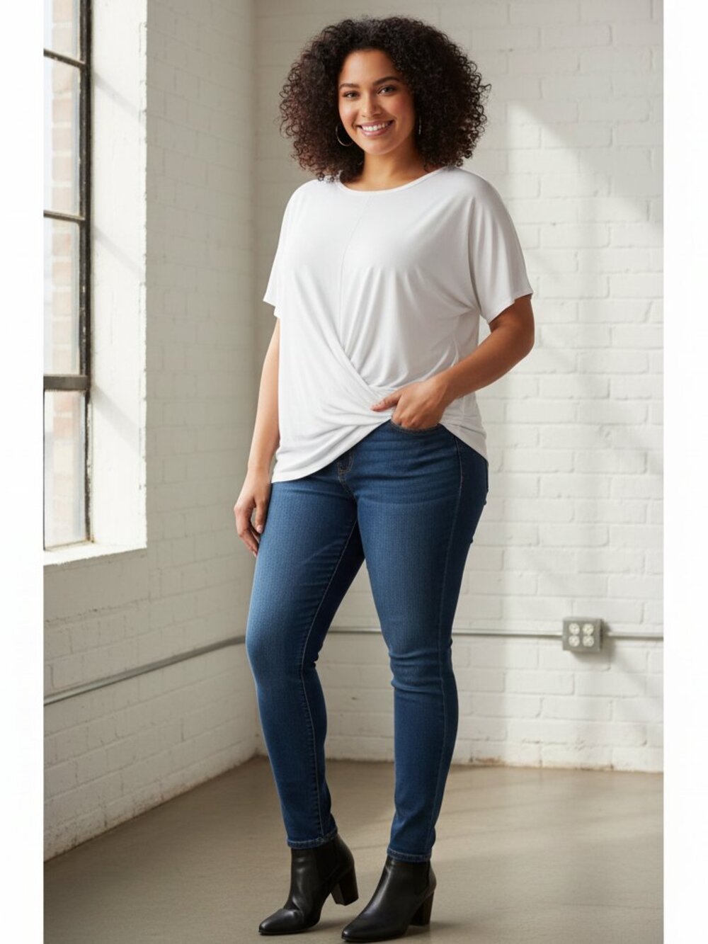 Nordstrom Asymmetrical Twist Front Top White XL Ruched Stretch Blouse